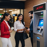 Business professionals discuss ATM placement next to a modern indoor ATM machine for retail location services.