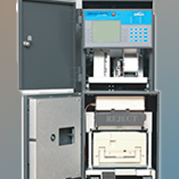 Open ATM machine showing cash cassette, receipt printer, and secure components for service and maintenance.