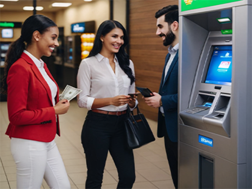 Business professionals discuss ATM placement next to a modern indoor ATM machine for retail location services.