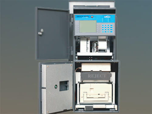 Open ATM machine showing cash cassette, receipt printer, and secure components for service and maintenance.